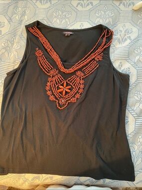 Beaded Black Tank Top with Rust Accent by OXOXO Collection